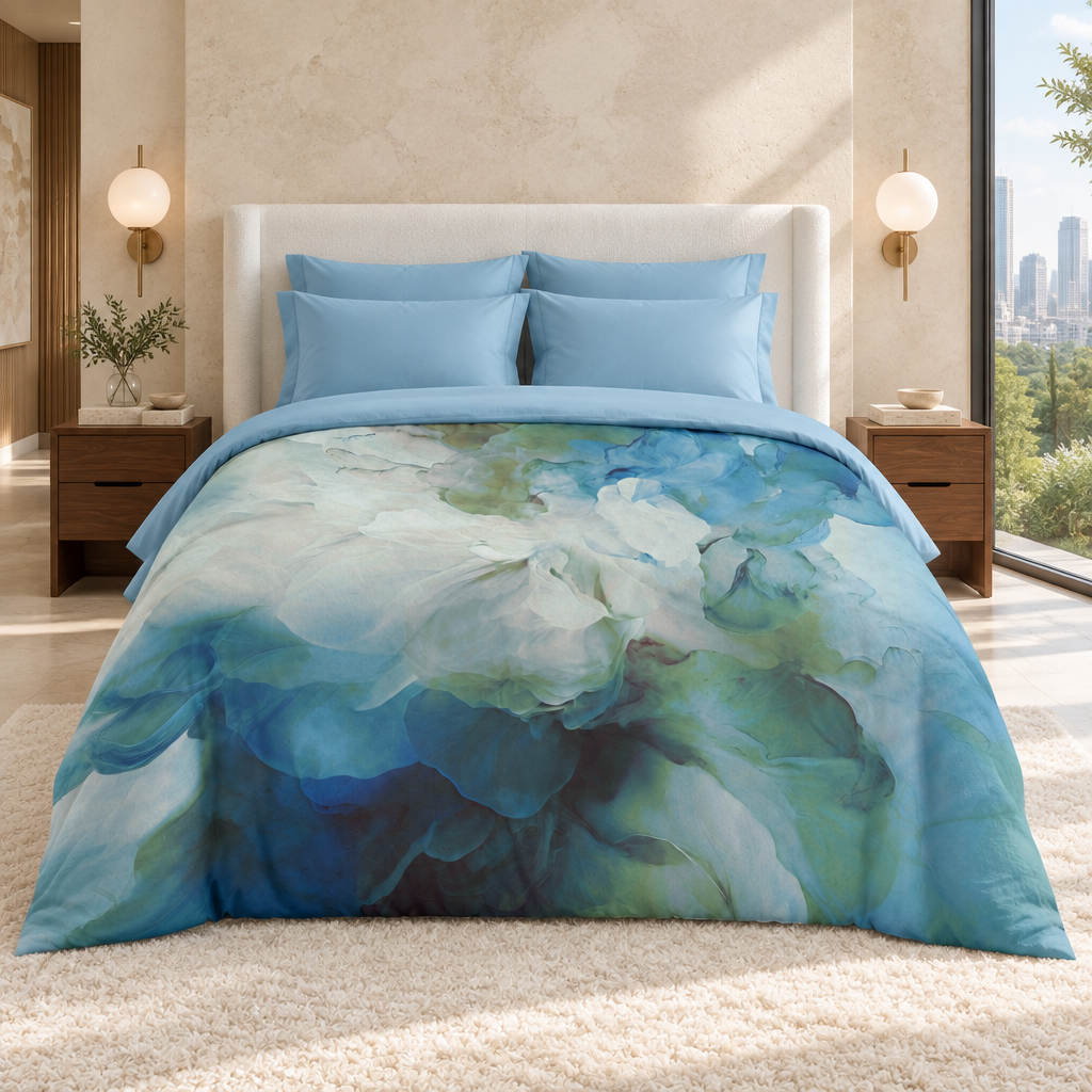Blue Petals comforter in a fresh organic-luxury suite with a bright-white headboard, powder-blue pillows and folded sheet, warm limestone walls, walnut tables, and a garden city view