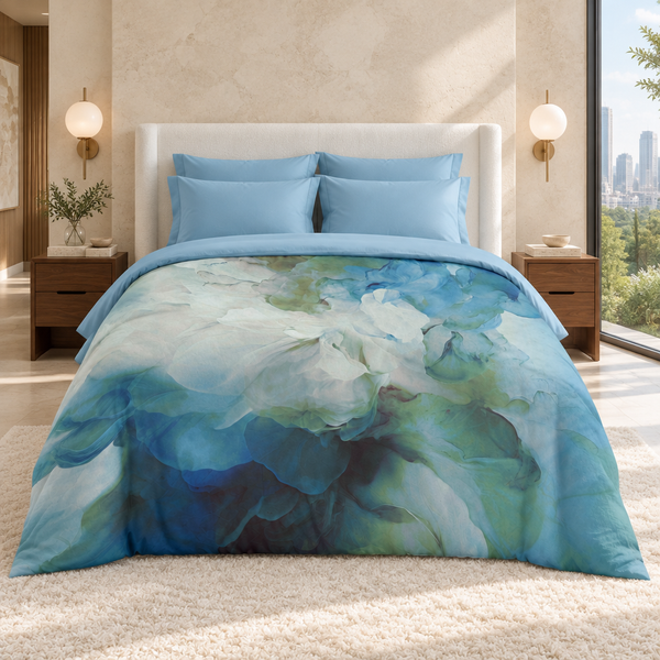 Blue Petals comforter in a fresh organic-luxury suite with a bright-white headboard, powder-blue pillows and folded sheet, warm limestone walls, walnut tables, and a garden city view