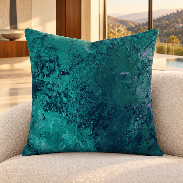 Teal pillow on a curved ivory sofa in a warm modern Hollywood Hills room