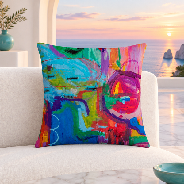 Destination Happiness 22x22 pillow showing the front red and blue artwork on a white marble Santorini terrace at sunset