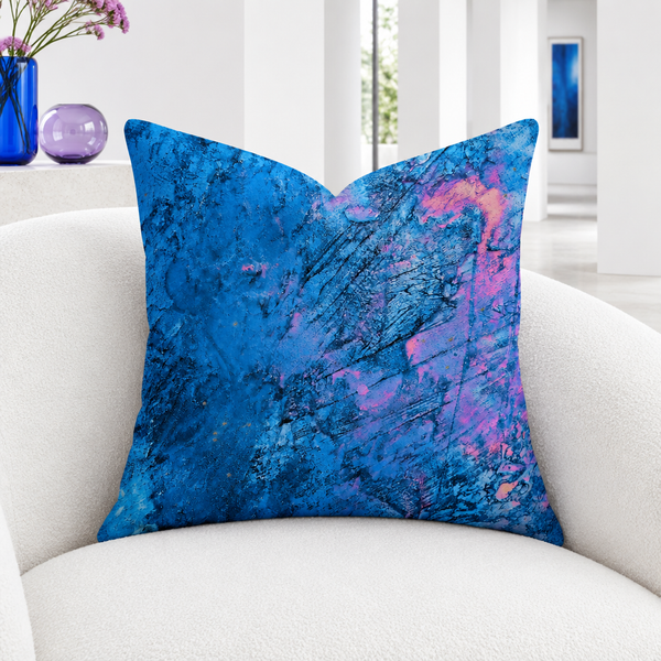 Beautiful Sky 22-inch pillow in white room with matching blue and lilac details