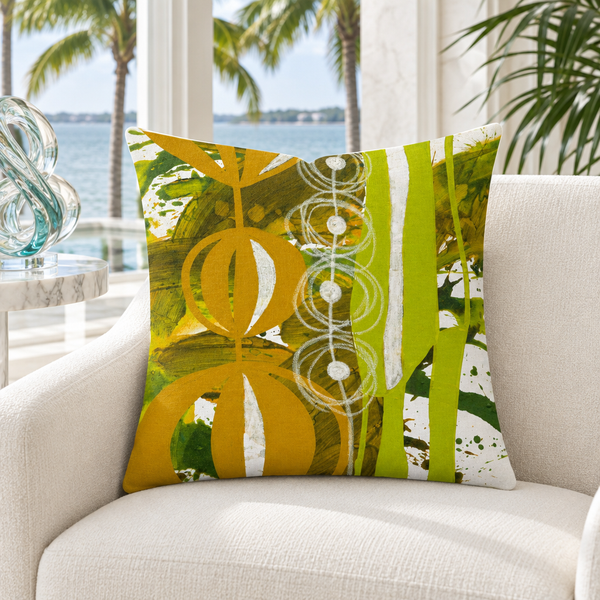 Chartreuse Yellow Ochre URL 3 pillow in white Palm Beach villa