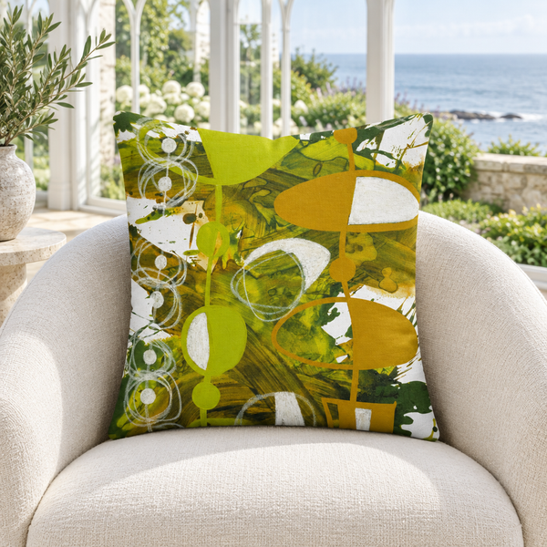 Chartreuse Yellow Ochre 3 pillow in white garden conservatory