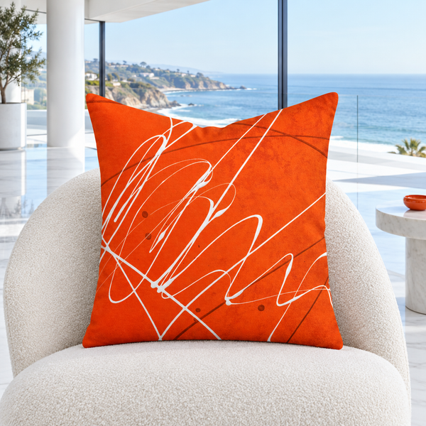 Vermillion 22-inch pillow in a cool-white Malibu mansion with white marble floors and natural Pacific light