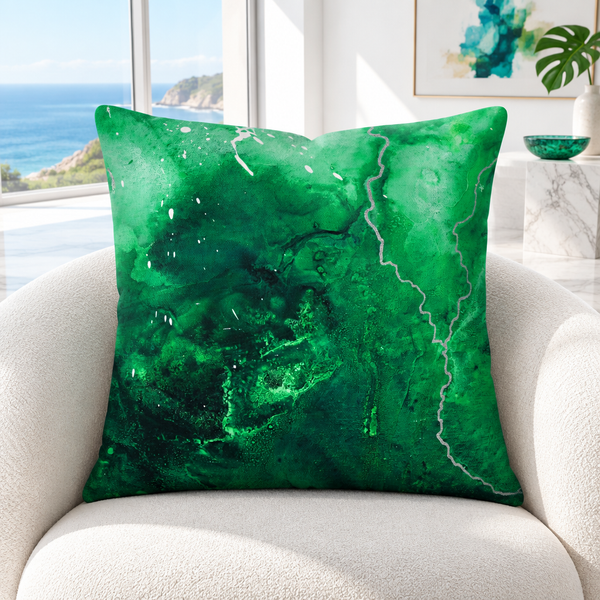 Green Energy 4 pillow upright in a bright coastal room with restrained color accents matching the print