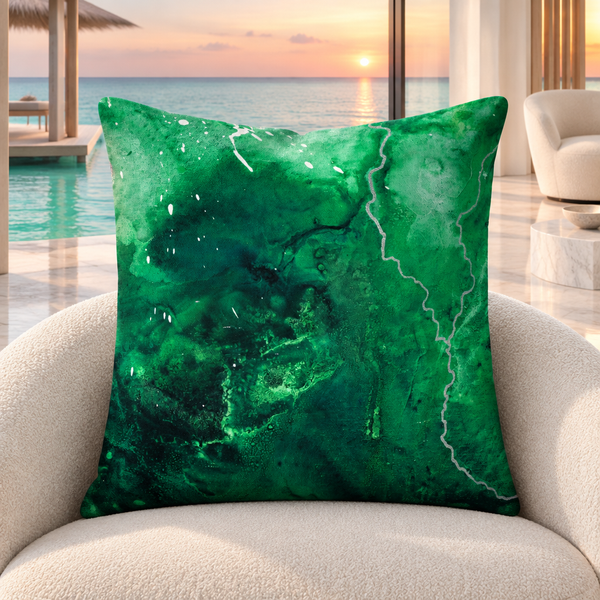 Green Energy 4 pillow upright in a modern Maldives villa at an understated sunset