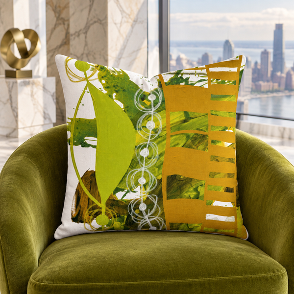 Chartreuse and Yellow Ochre 1 pillow on chartreuse velvet chair