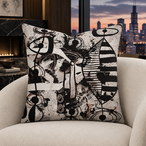 Modern Black White and Taupe 2bc pillow with natural square silhouette in dark collector lounge