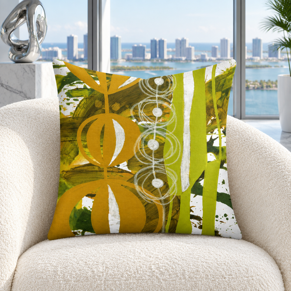 Chartreuse Yellow Ochre URL 3 pillow in white Miami marble penthouse
