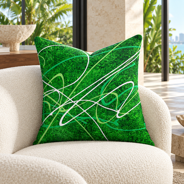 Green Energy art pillow on an ivory chair in a Miami home