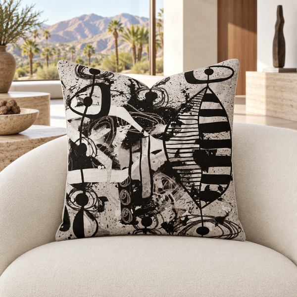 Modern Black White and Taupe 2bc pillow with natural square silhouette in desert modern room