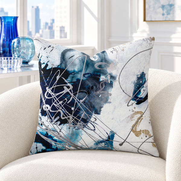 Nautical 2 - 3 pillow in white collector room with blue glass