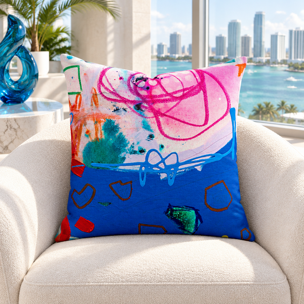A Vibrant Life 4-b pillow in bright Miami collector apartment