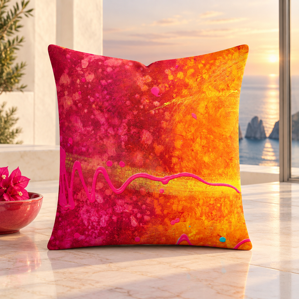 Summertime pink and orange 22-inch pillow in a modern white marble Capri villa at a soft pink-gold sunset