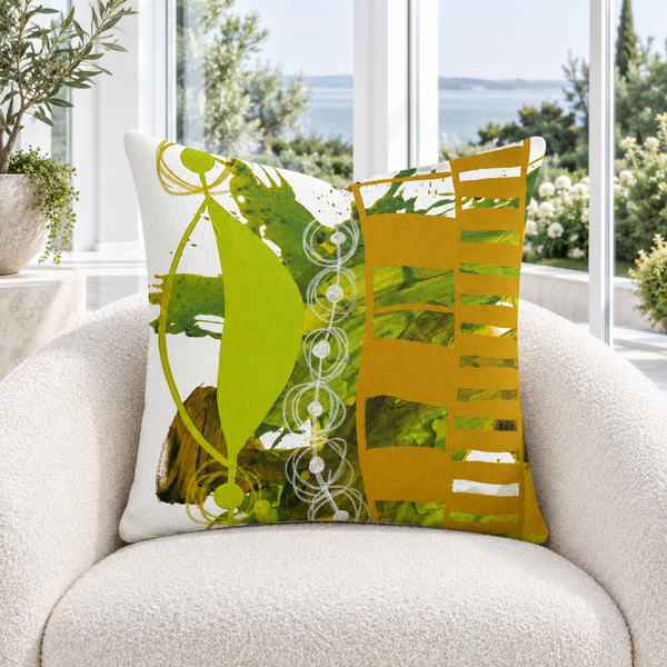 Chartreuse and Yellow Ochre 1 pillow in white garden conservatory