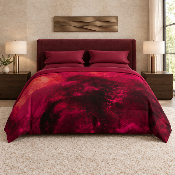 Berry comforter in a modern bedroom with a deep berry headboard, matching pillows and folded sheet, walnut tables, bronze horizontal wall sculpture, limestone walls, and an ivory rug