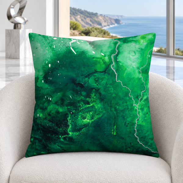 Green Energy 4 pillow upright in a bright gallery-like Malibu coastal residence