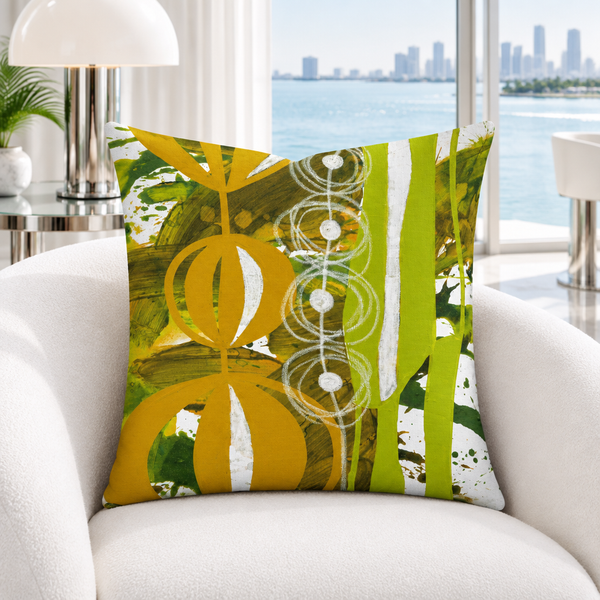 Chartreuse Yellow Ochre URL 3 pillow in white Miami Deco room