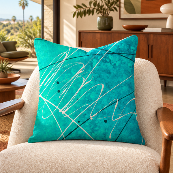 Gulf Waters 22-inch pillow in walnut mid-century modern room