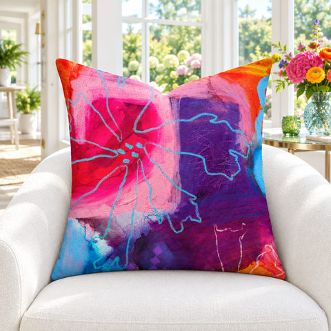 The Secret Garden 2 22-inch pillow close-up in white sunroom with colorful flowers
