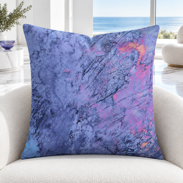 Sunrise pillow upright in a modern white coastal room with a few restrained colorful details