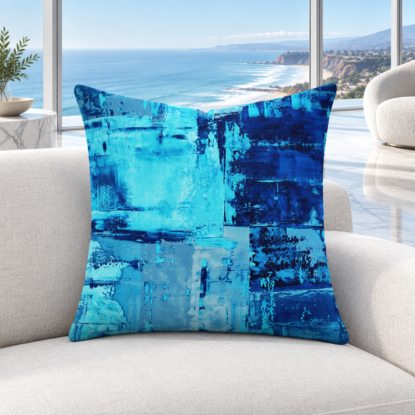 Blue 3 pillow upright in a bright Malibu oceanfront penthouse