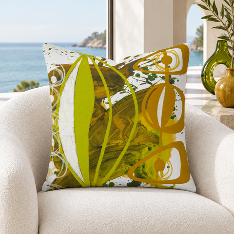 Chartreuse Yellow Ochre 4 pillow in white villa with ochre and green details