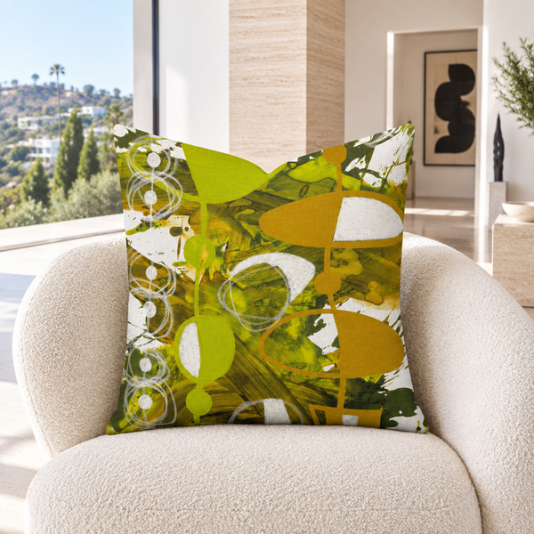 Chartreuse Yellow Ochre 3 pillow in white Hollywood Hills art residence