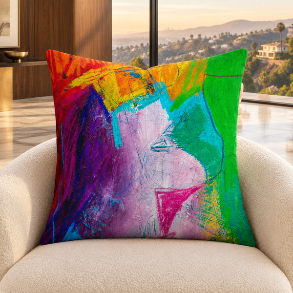 Emotions 3 pillow upright in a warm Hollywood Hills mansion