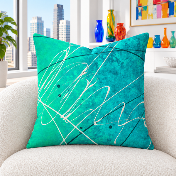 Gulf Waters 22-inch pillow in white collector room with colorful glass
