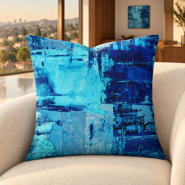 Blue 3 pillow upright in a warm Hollywood Hills mansion with distant matching art