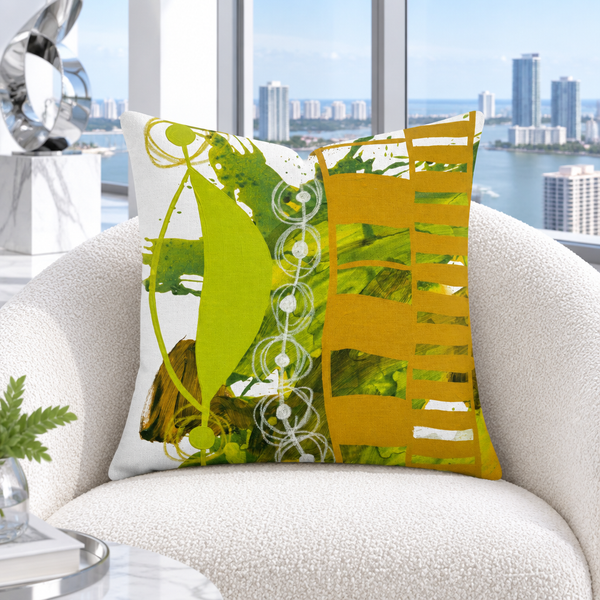 Chartreuse and Yellow Ochre 1 pillow in white Miami penthouse