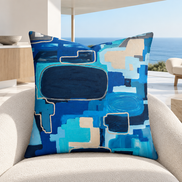 In the City pillow upright in a bright modernist Malibu villa