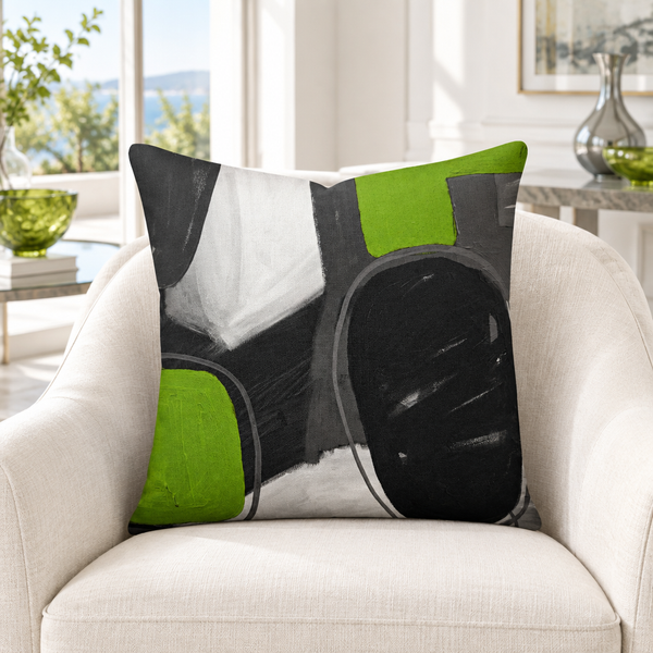 Lime and Gray pillow in white villa with matching lime and gray accents