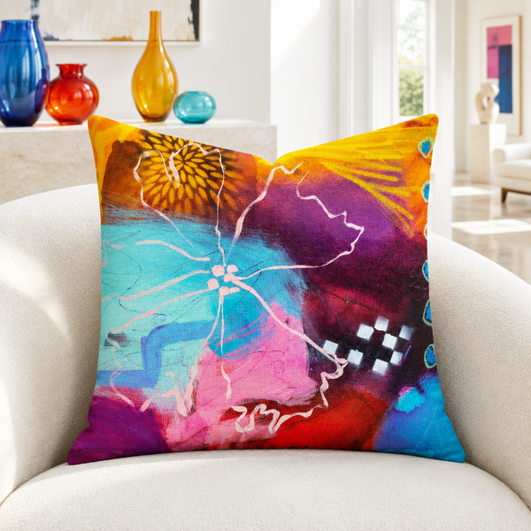 The Secret Garden 3 22-inch pillow close-up in white collector room with colorful glass