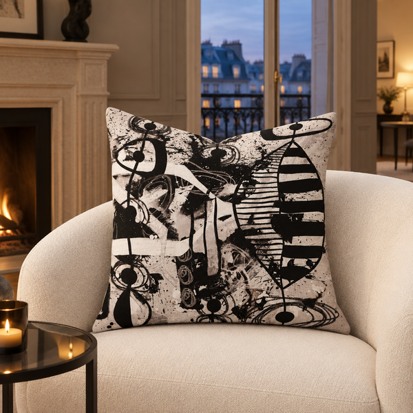 Modern Black White and Taupe 2bc 22-inch pillow in Paris apartment at dusk