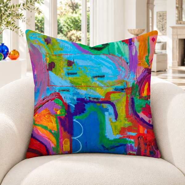 Destination Happiness 2 pillow in white conservatory with colorful glass