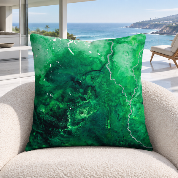 Green Energy 4 pillow upright in a bright modernist Malibu coastal villa