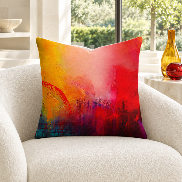 Lucid Dream pillow in white room with warm colors matched to its artwork