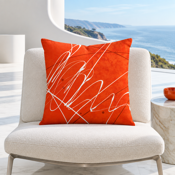 Vermillion pillow in a bright modern Malibu cliffside home with curved white architecture and marble floors