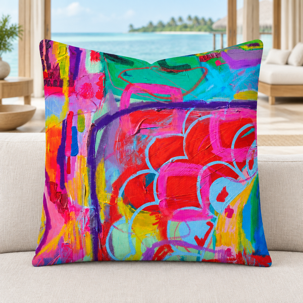 Close-up of the Destination-Happiness -1 square pillow in a contemporary overwater villa