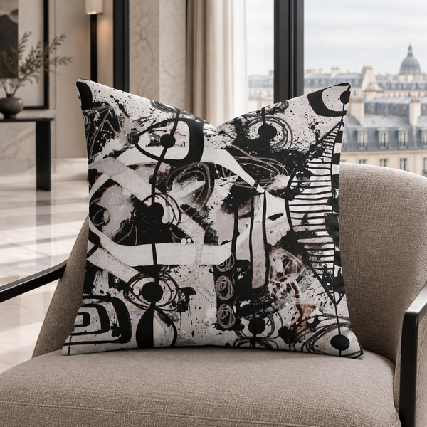 Modern Black White and Taupe 2bc pillow upright in a contemporary Paris hotel salon