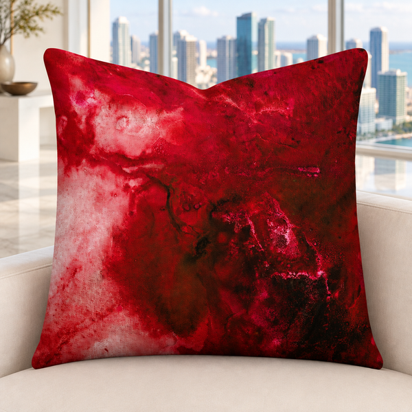 Close-up of the Crimson 22-inch pillow in a modern Miami penthouse with a varied skyline