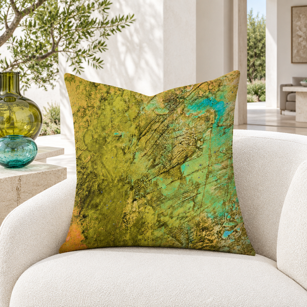 Earthy Colors pillow in white villa with matching olive and aqua details
