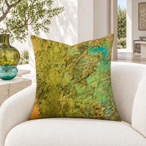 Earthy Colors pillow in white villa with matching olive and aqua details