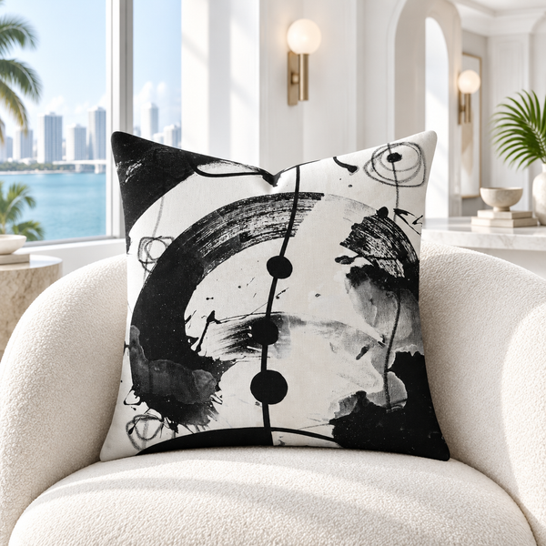 Modern Black White 2-5 pillow in bright white Miami Deco room