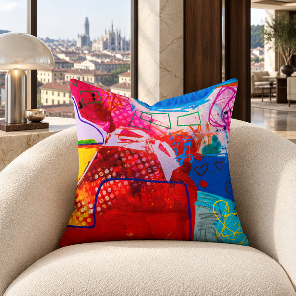 A Vibrant Life - 4 pillow on an ivory chair in a Milan penthouse
