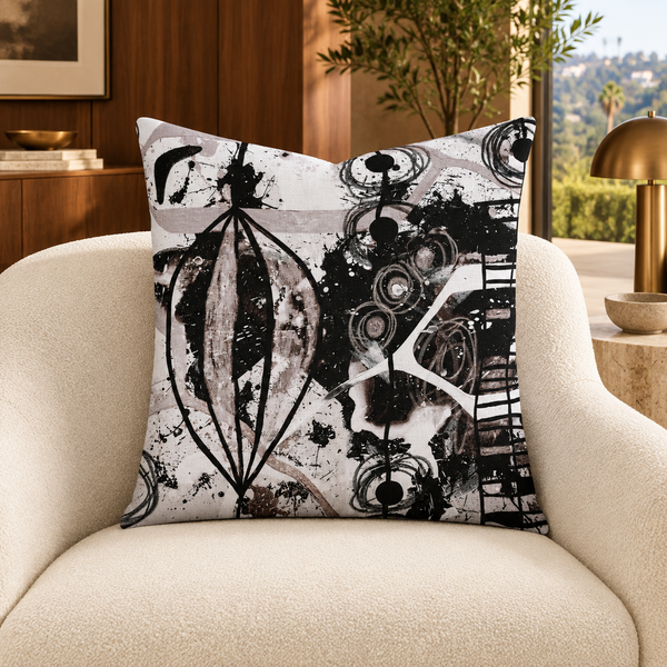 Modern Black White and Taupe 1ab 22-inch pillow in warm walnut mid-century suite