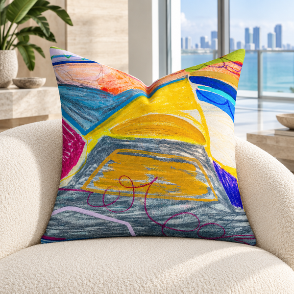 A New Beginning - 3 fine art pillow on an ivory chair in a sunlit luxury room