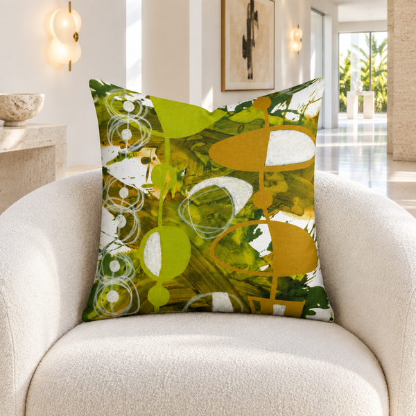 Chartreuse Yellow Ochre 3 pillow in white Miami home with gallery hall